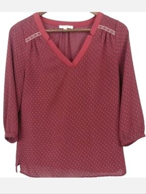 SKIES ARE BLUE Deep Rust Red Country Western Blouse Floral V-neck Shirt Top